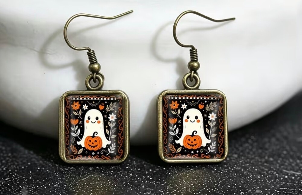 Halloween Ghost Pumpkin Square Dangle Earrings Antique Bronze Tone